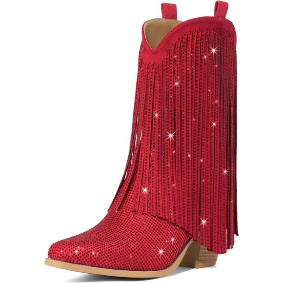 Shoes - NWT Women’s Cowgirl Boots Rhinestone Fringe Sparkly Western Red Chunky Heel